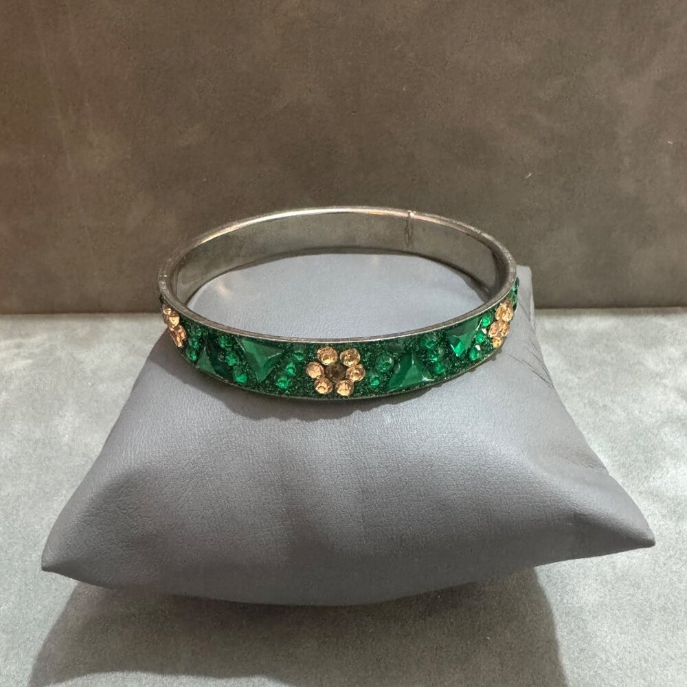 Green Floral Embellished Bangle Bracelet Silver Tone Metal And Crystal Accents